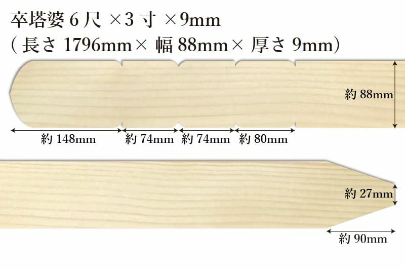卒塔婆6尺(1796mm)×3寸(88mm)×9mm等級Cサイズ表記