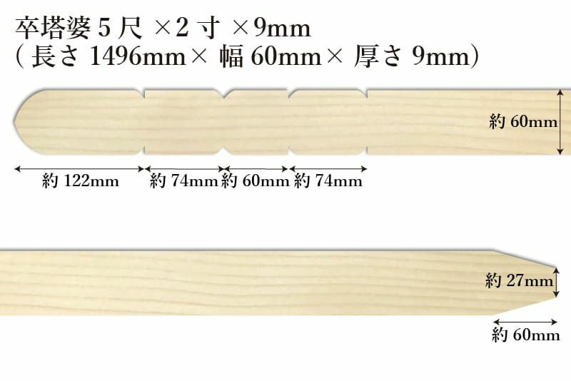 卒塔婆5尺(1496mm)×2寸(60mm)×9mm等級Cサイズ表記