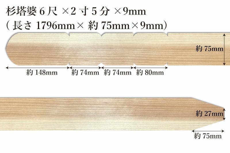 東京多摩産杉塔婆6尺(1796mm)×2寸5分(75mm)×9mmサイズ表記
