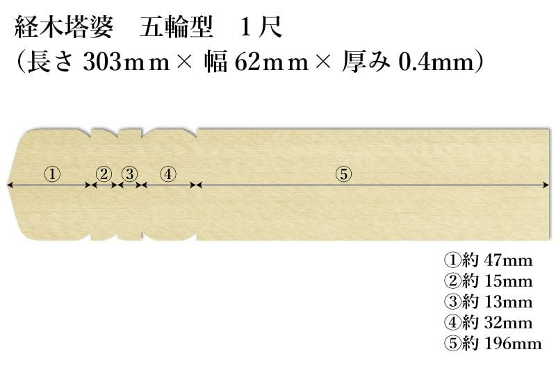 経木塔婆五輪型１尺(303mm)×62mm×0.4mmサイズ表記