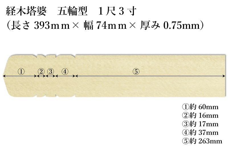 経木塔婆五輪型１尺3寸(393mm)×74mm×0.75mmサイズ表記