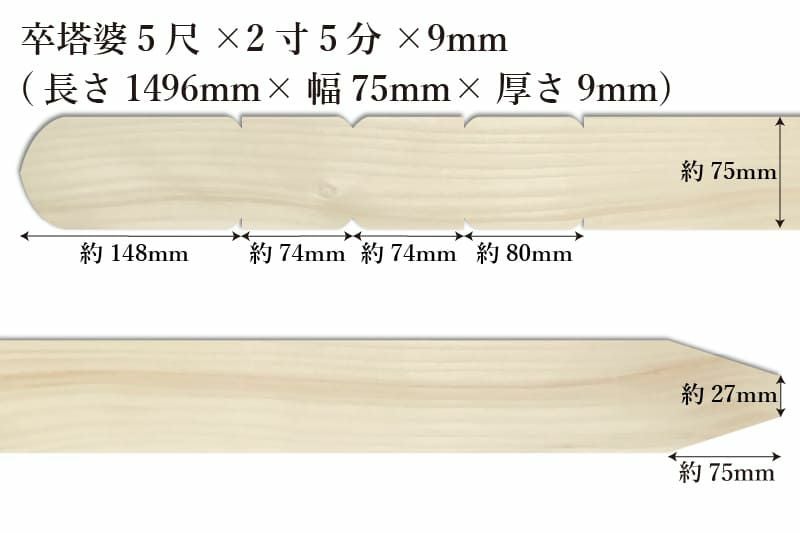 卒塔婆5尺(1496mm)×2寸5分(75mm)×9mm等級Dサイズ表記