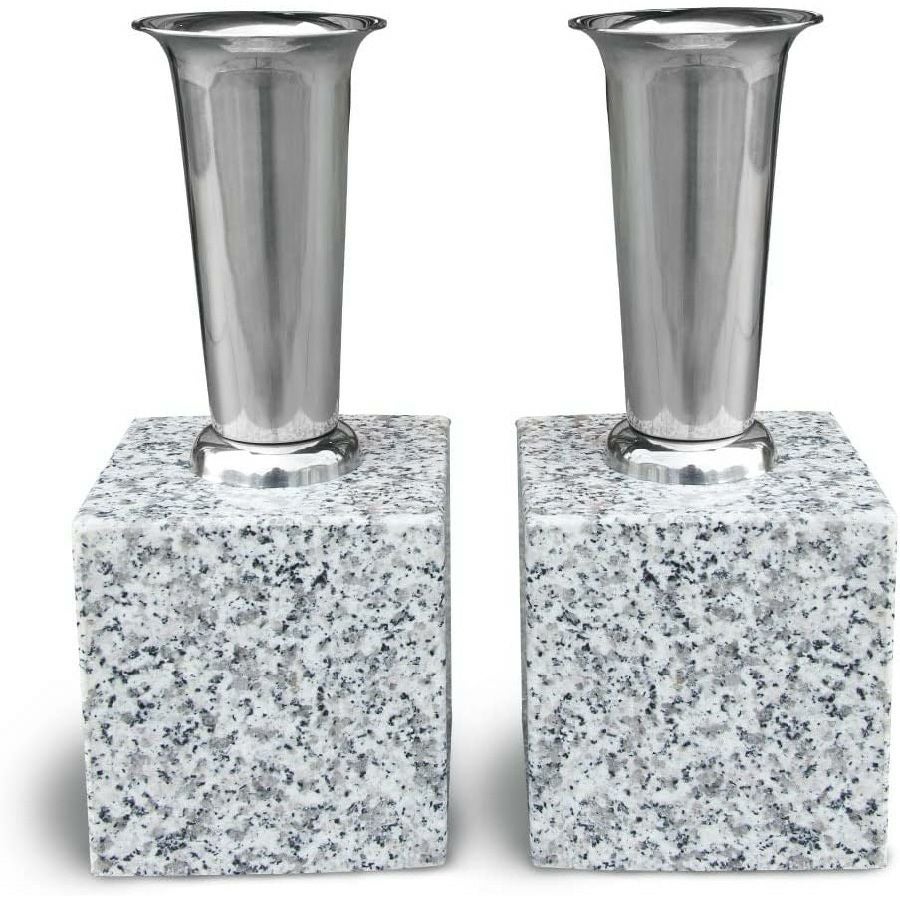 お墓用】花立左右1対セット高級白みかげ石製 ステンレス花筒付M01【ST