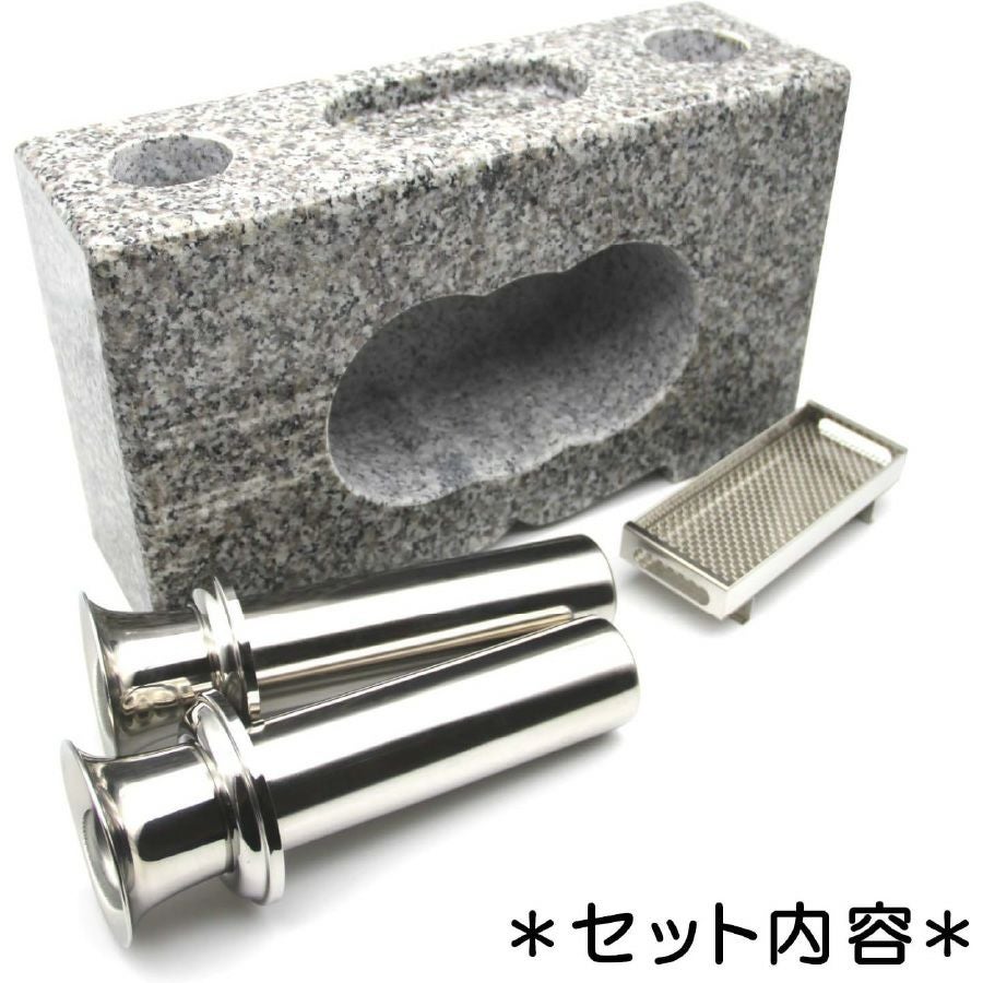 お墓用】花立・香炉一体型 高級白御影石製 ステンレスの花筒 線香皿
